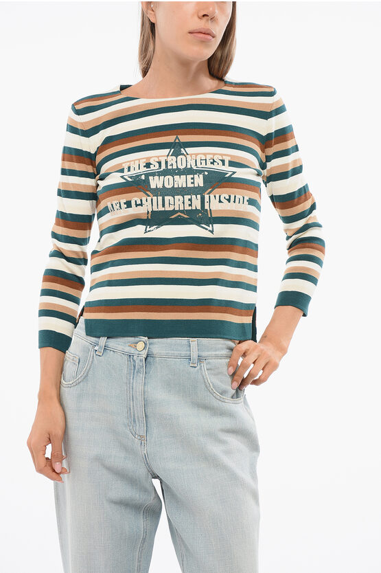 Elisabetta Franchi Crew Neck Bayadere Patterned Sweater With Print In Black