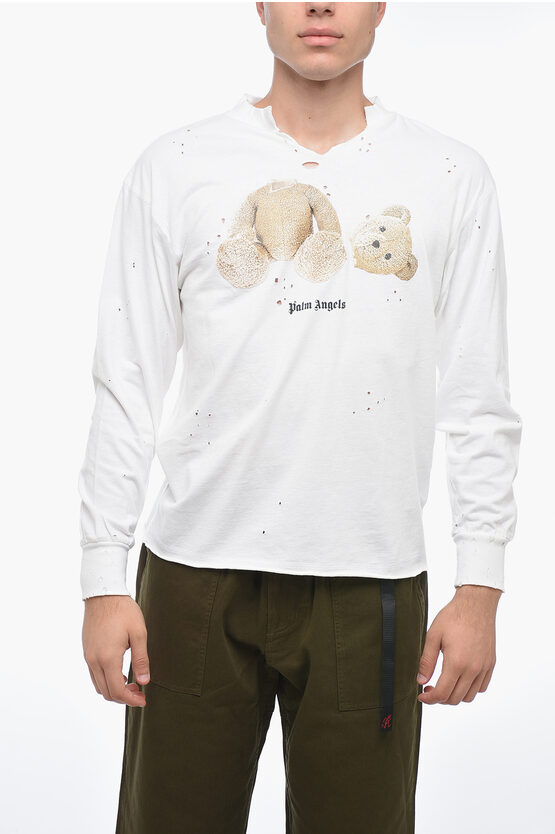 Shop Palm Angels Crew Neck Bear Distressed Cotton T-shirt