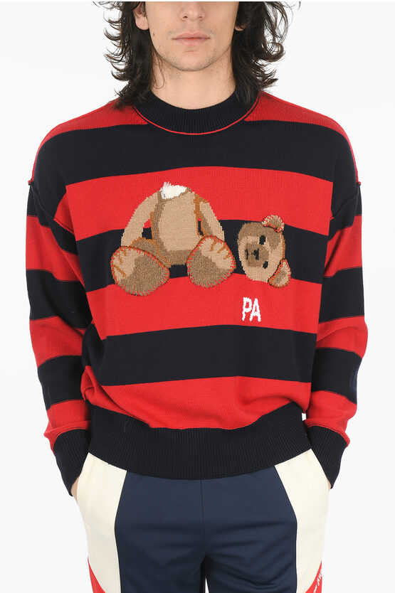 Palm Angels Crew Neck Bear Stripes Wool Sweater In Red