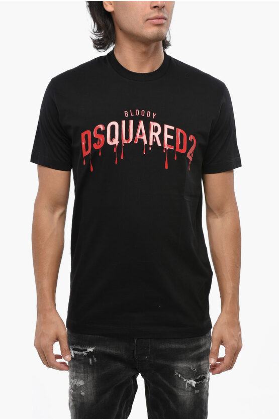 Dsquared2 Crew Neck Bloody Red T-shirt With Embossed Print In Black