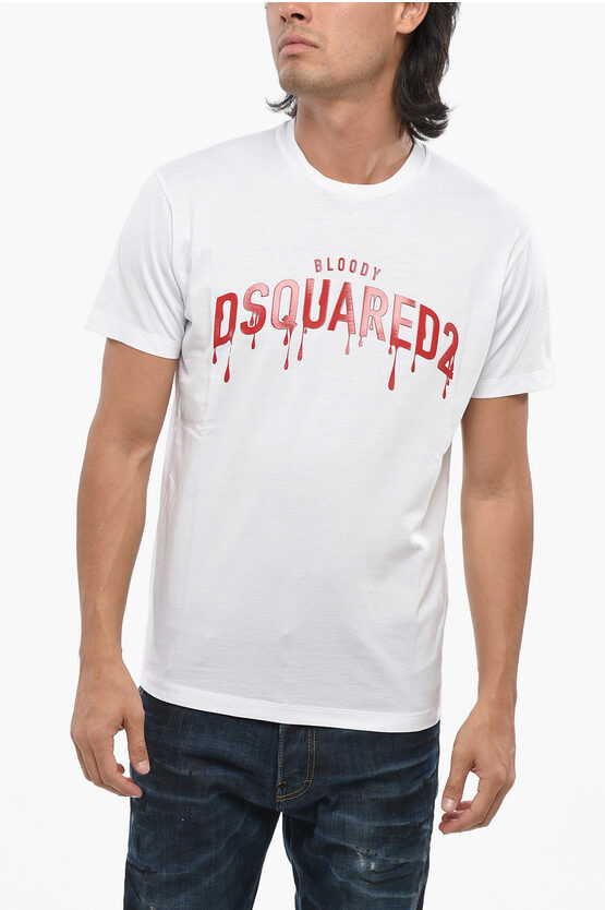 Dsquared2 Crew Neck Bloody Red T-shirt With Embossed Print In White