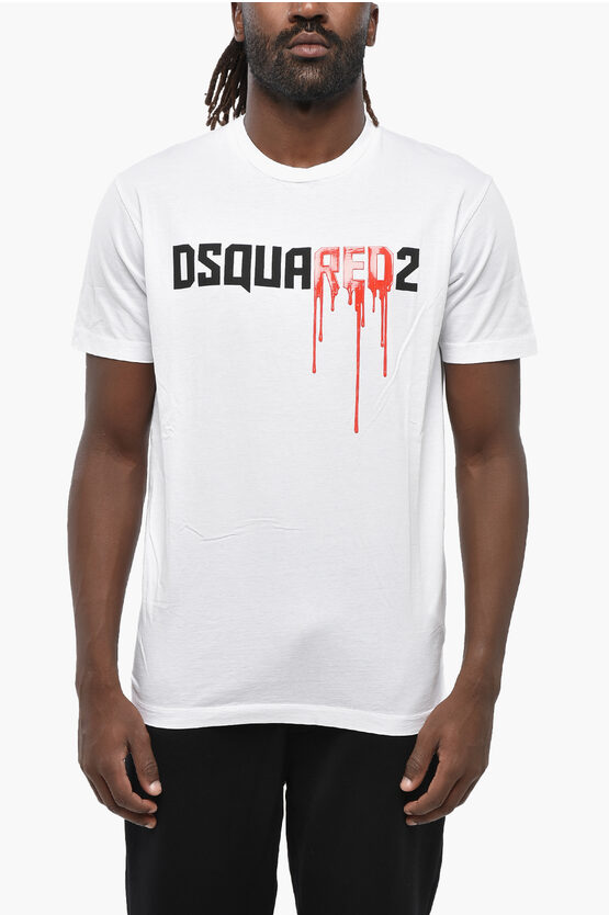 Dsquared2 Crew Neck Bloody Red T-shirt With Embossed Print In White