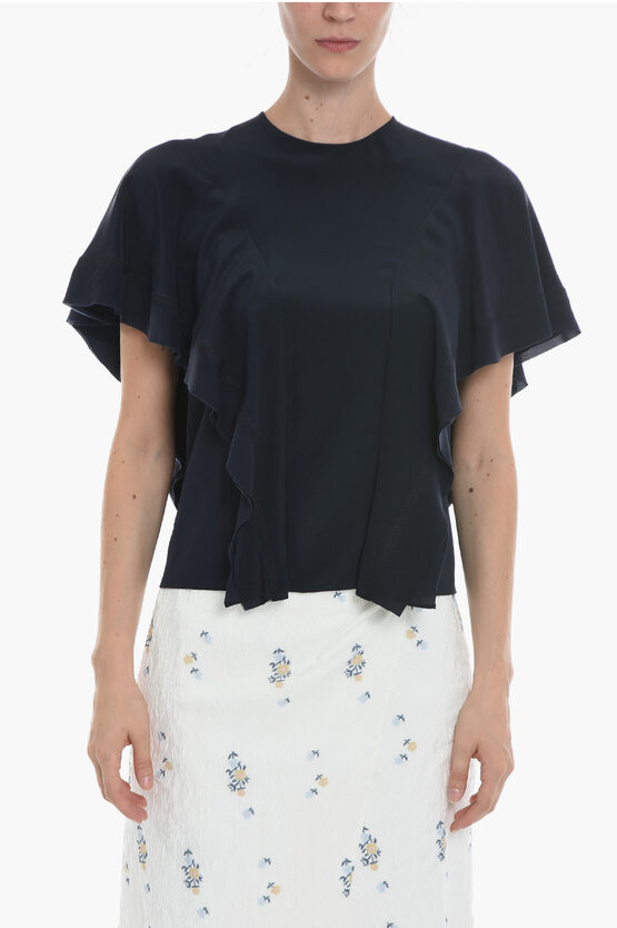 Chloé Crew-neck Blouse With Volant Short Sleeves In Blue
