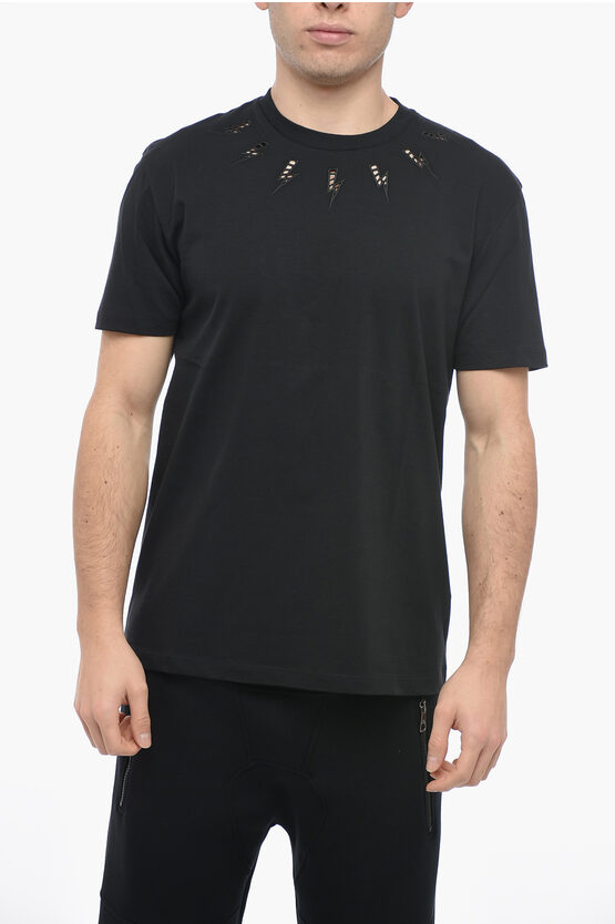 Neil Barrett Crew Neck Broderie Anglaise Slim Fit T-shirt In Black