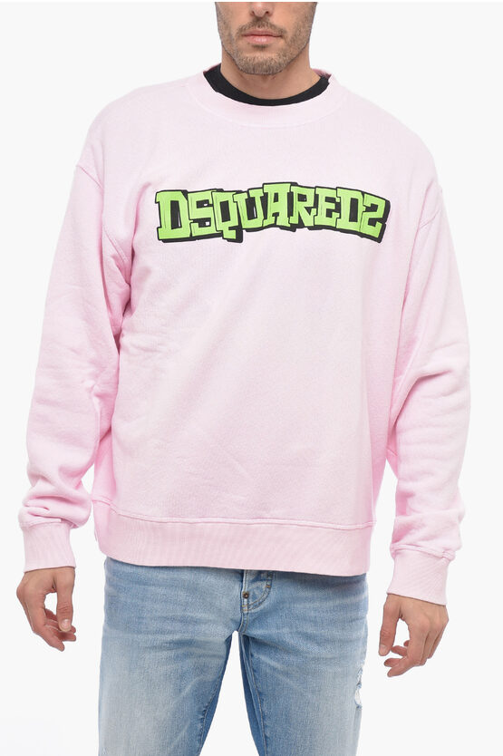 Dsquared2 Crew Neck Brushed Cotton Sweatshirt With Printed Logo In Pink