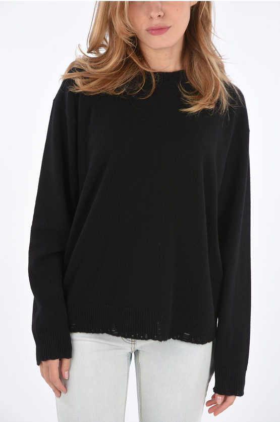 Shop Versace Crew Neck Cashmere Sweater With Distressed Details