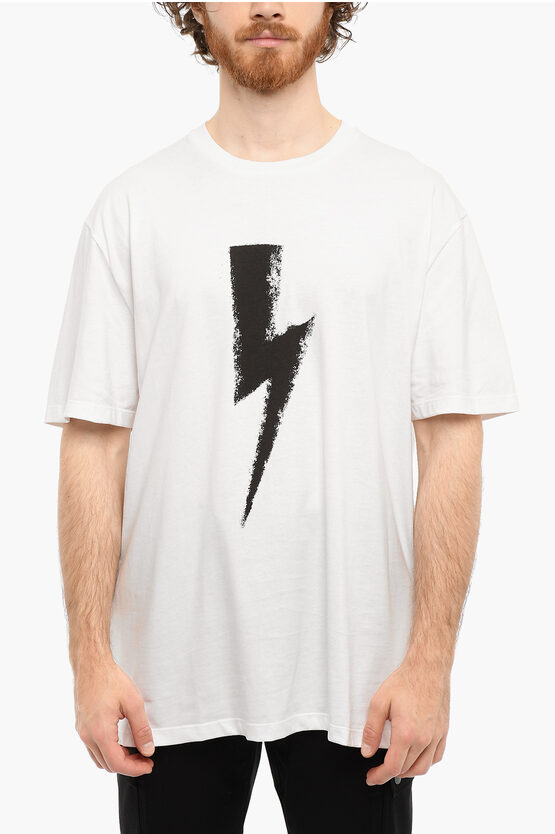 Neil Barrett Crew-neck Chalk Bolt T-shirt With Spray Effect In White