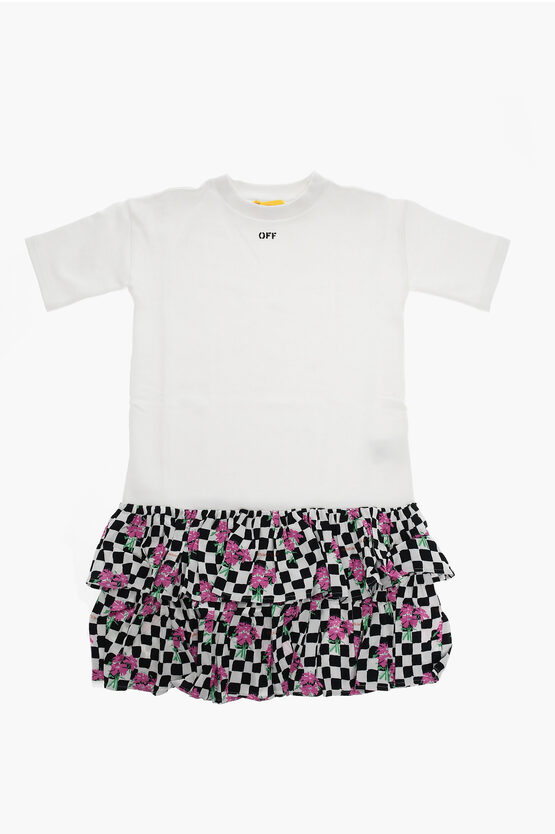 Off-white Kids' Crew-neck Chessboard Dress With Flounced And Checked Skirt In White
