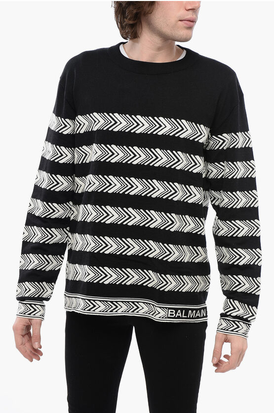 Balmain Crew Neck Chevron Virgin Wool Jumper In Black