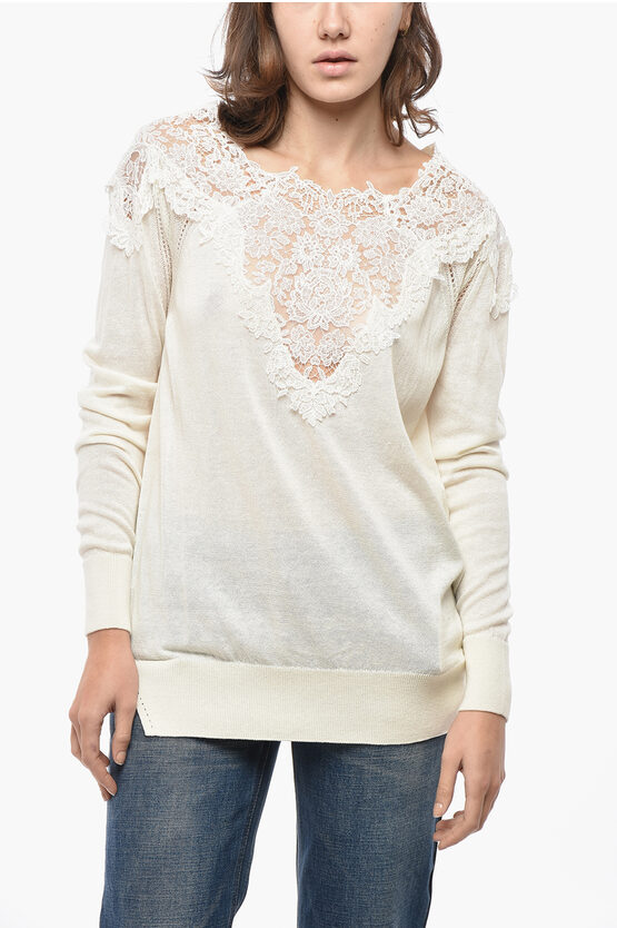 Ermanno Scervino Crew Neck Cotton Blend Sweater With Lace Detail In White