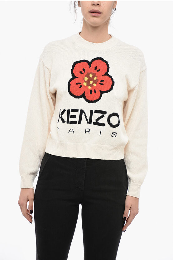 Kenzo Crew Neck Cotton Blend Sweater With Logo In White