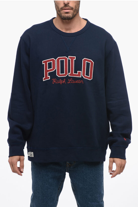 Polo Ralph Lauren Crew Neck Cotton Blend Sweatshirt With Corduroy Patch In Blue