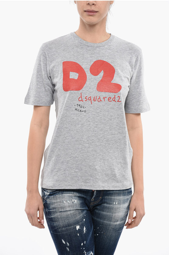 Dsquared2 Crew Neck Cotton Blend T-shirt With Monogram Print In Gray