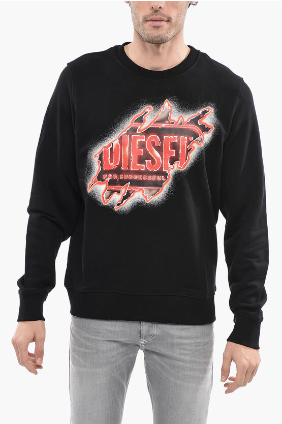 Diesel Crew-neck Cotton S-ginn-e9 Sweatshirt With Burning Effect Pr In Black