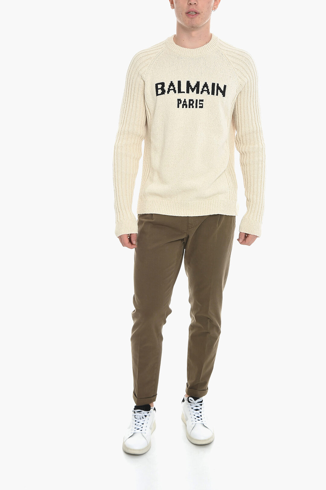 Balmain Crew Neck Cotton Sweater with Jacquard Logo men Glamood Outlet