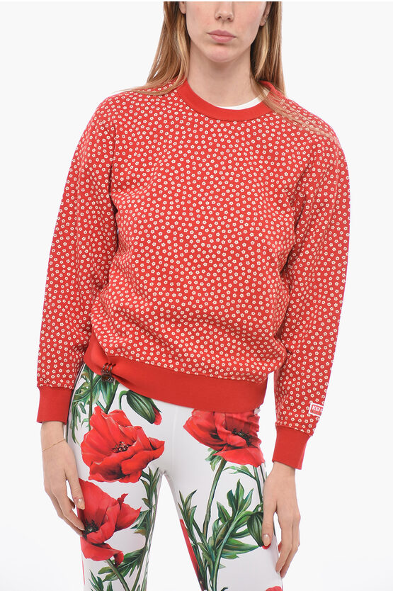 Kenzo Crew Neck Cotton Sweatshirt With Floral Motif In Red