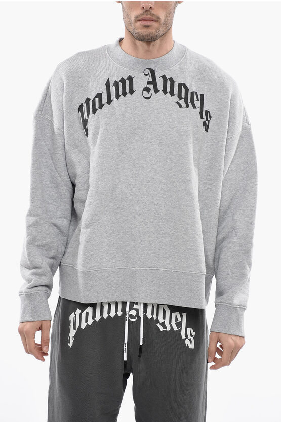 Palm Angels Crew-neck Cotton Sweatshirt With Lettering Print In Gray
