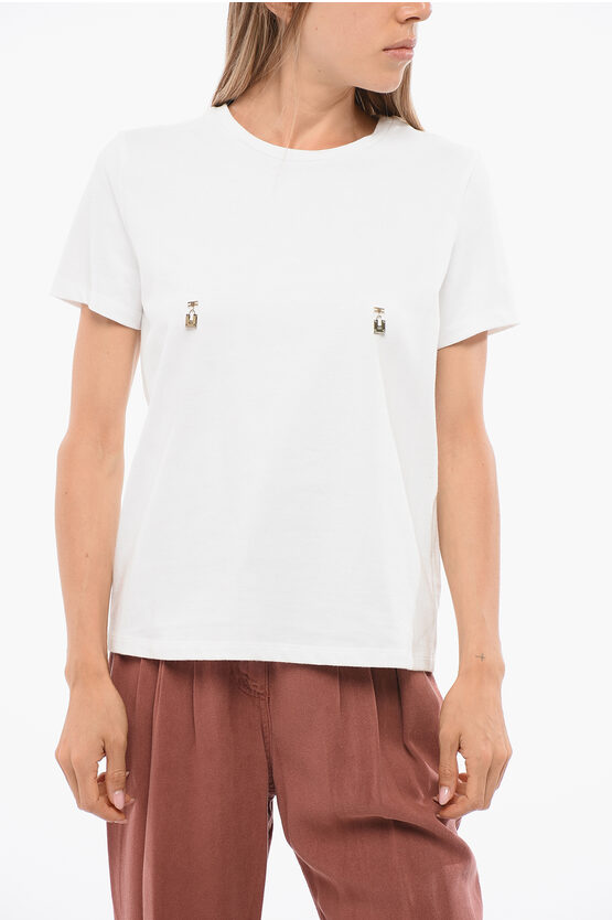 Elisabetta Franchi Crew Neck Cotton T-shirt With Applied Details In White
