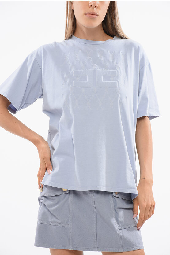 Elisabetta Franchi Crew Neck Cotton T-shirt With Embossed Logo In Gray