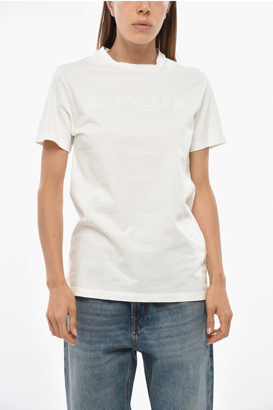 Moncler Crew Neck Cotton T-shirt With Embroidered Logo In White