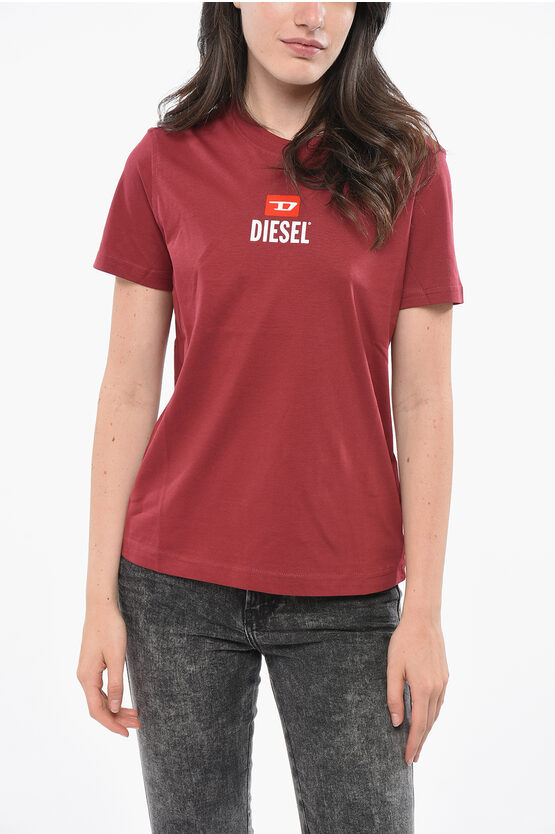 Diesel Crew Neck Cotton T-shirt With Flocked Logo Grösse L In Red