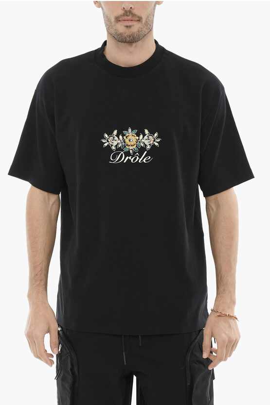 Drôle De Monsieur Crew-neck Cotton T-shirt With Flower Embroidery In Black