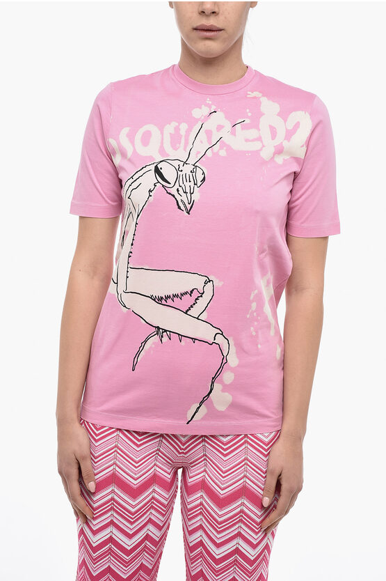 Dsquared2 Crew Neck Cotton T-shirt With Front Print In Pink