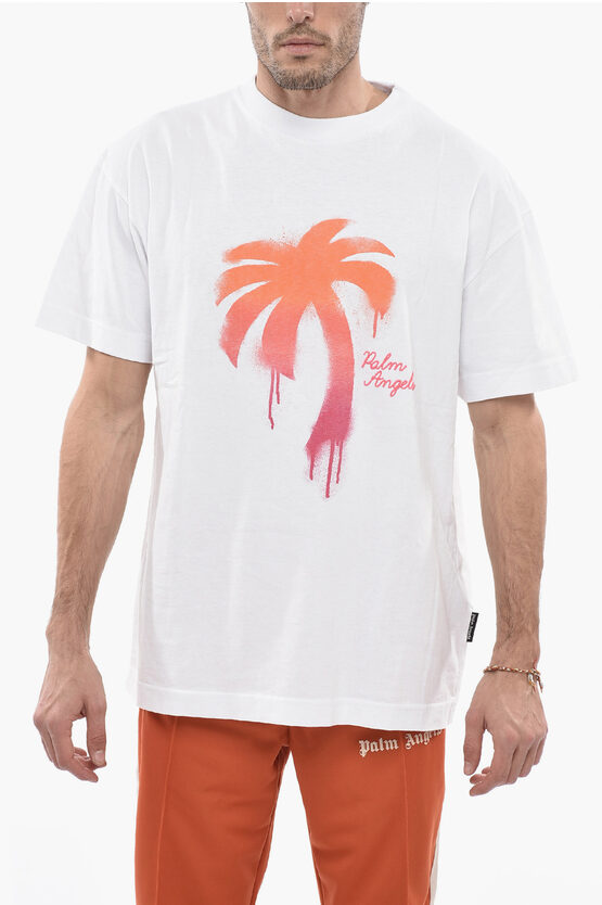 Palm Angels Crew-neck Cotton T-shirt With Gradient Print In White
