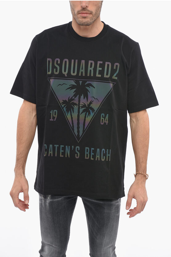 Dsquared2 Crew Neck Cotton T-shirt With Irideshent Print In Black