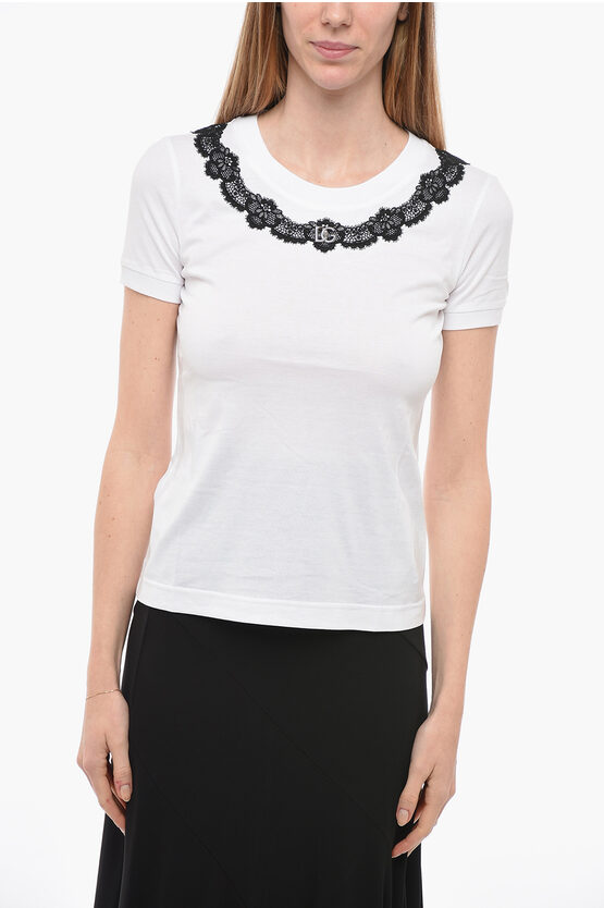 Shop Dolce & Gabbana Crew Neck Cotton T-shirt With Lace Detail