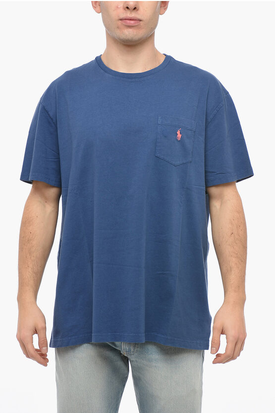 Polo Ralph Lauren Crew Neck Cotton T-shirt With Logoed Breast-pocket In Blue
