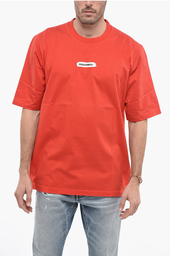 Dsquared2 Crew Neck Cotton T-shirt With Paint Effect Logo In Red