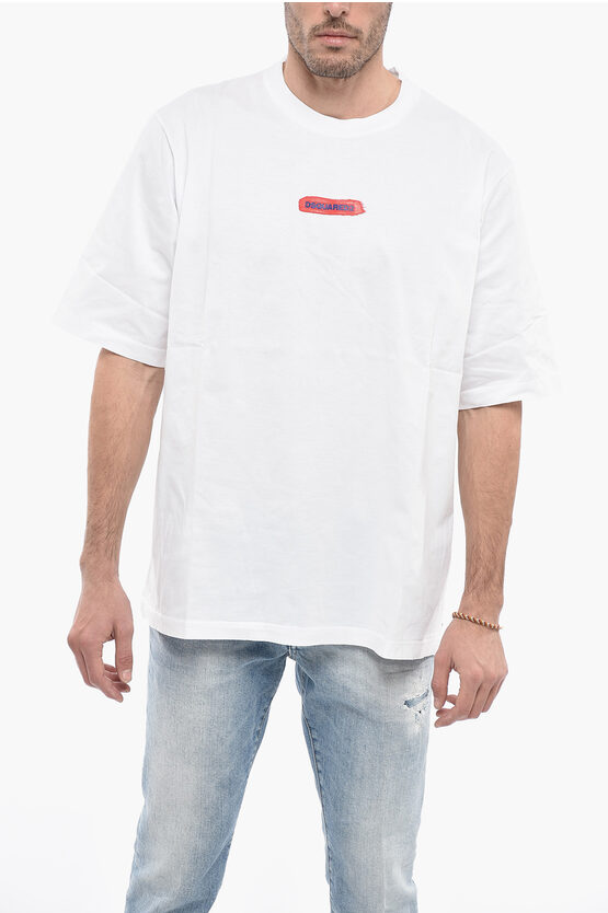 Dsquared2 Crew Neck Cotton T-shirt With Paint Effect Logo In White