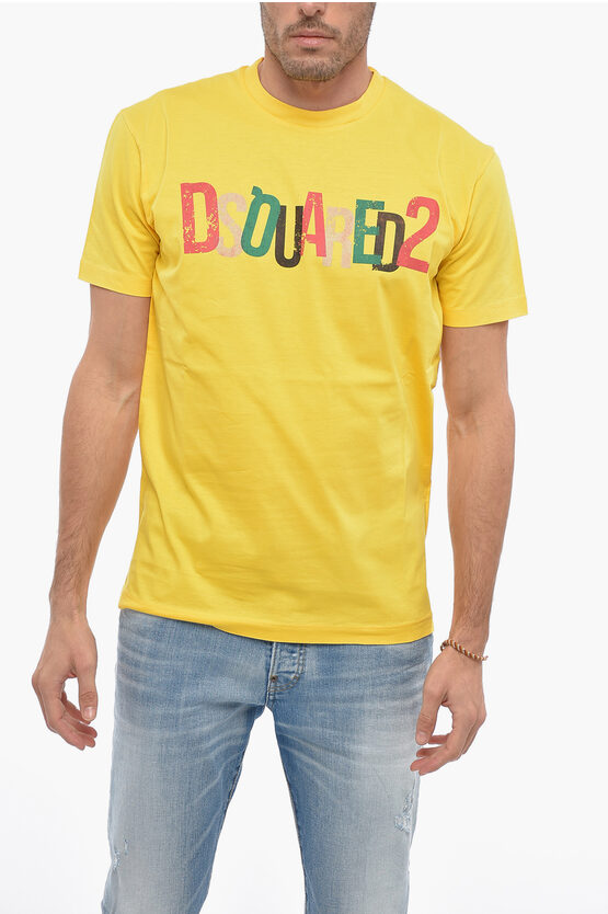 Dsquared2 Crew Neck Cotton T-shirt With Printed Logo In Yellow