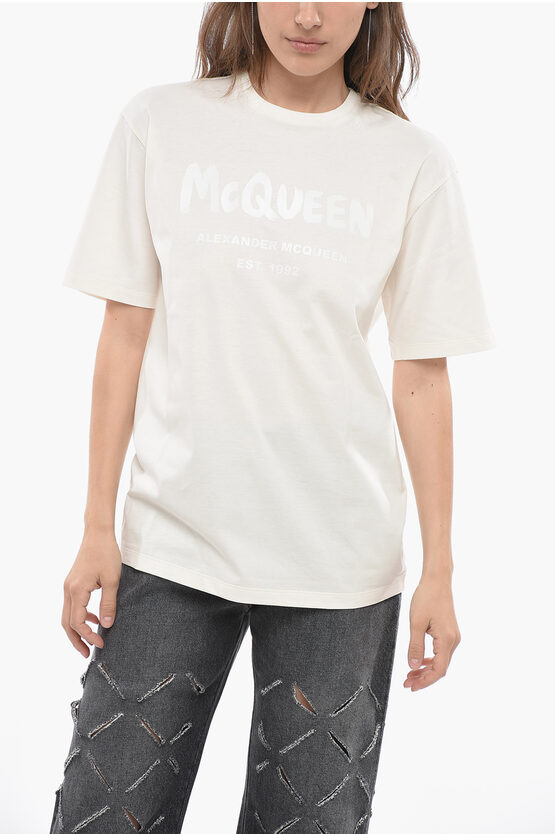 Alexander Mcqueen Crew Neck Cotton T-shirt With Printed Logo In White