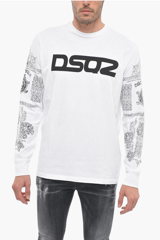 Dsquared2 Crew Neck Cotton T-shirt With Printed Sleeves In White
