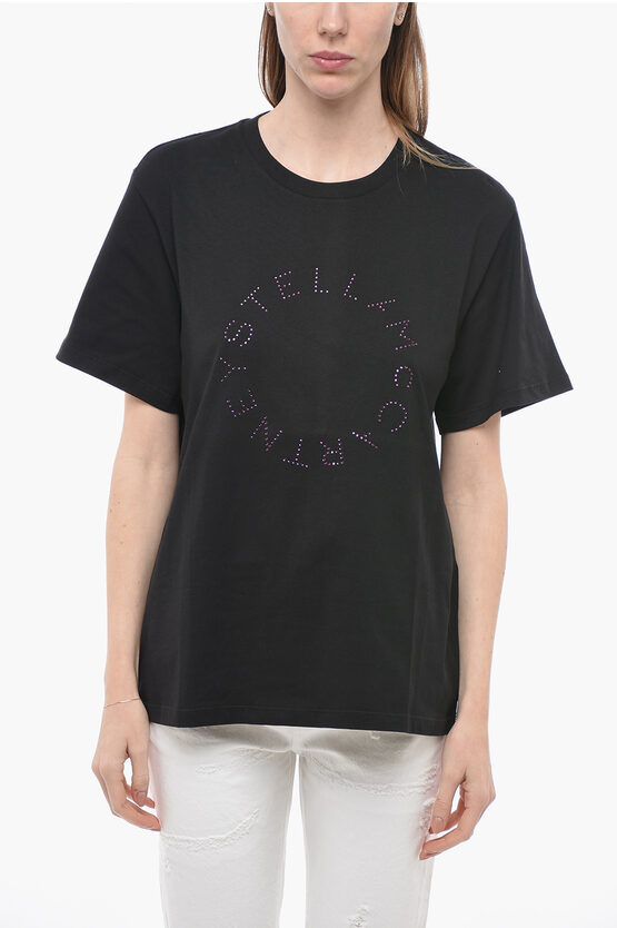 Shop Stella Mccartney Crew Neck Cotton T-shirt With Rhinestoned Logo