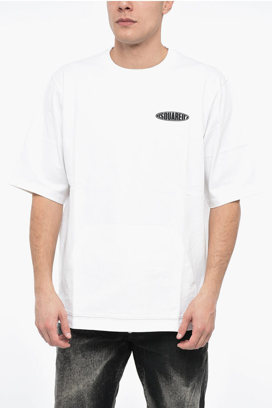 Dsquared2 Crew Neck Cotton T-shirt With Rubberised Logo And Maxipocket In White