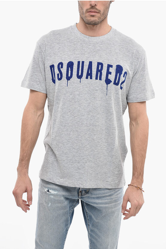 Dsquared2 Crew Neck Cotton T-shirt With Spray Effect Logo In Gray