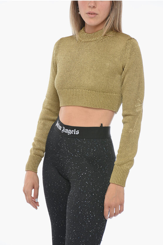 Shop Palm Angels Crew Neck Crop Lurex Sweater With Ton Sur Ton Embroideries