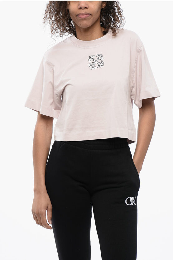 Off-white Crew-neck Crop T-shirt With Rhinestones Embellished Logo