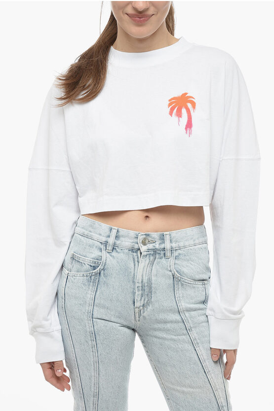 Palm Angels Crew-neck Cropped Sweatshirt With Gradient Maxi-logo In White