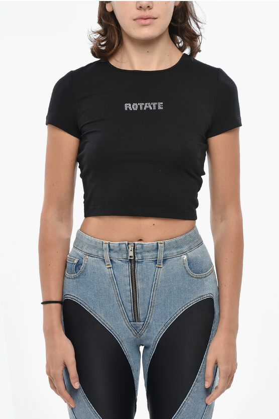 Rotate Birger Christensen Crew-neck Cropped T-shirt With Rhinestones Embellished Logo In Black