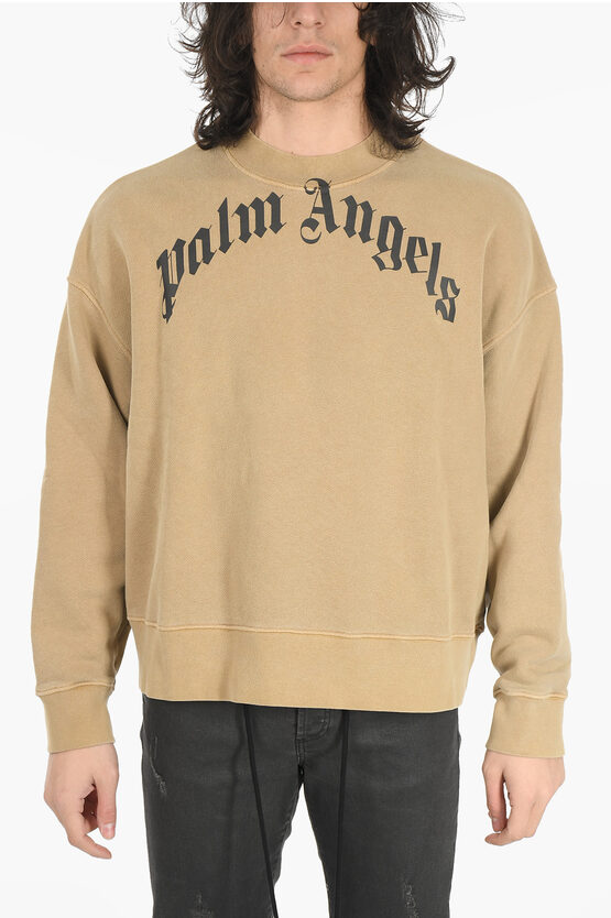 Shop Palm Angels Crew Neck Curved Logo Brushed Cotton Sweatshirt