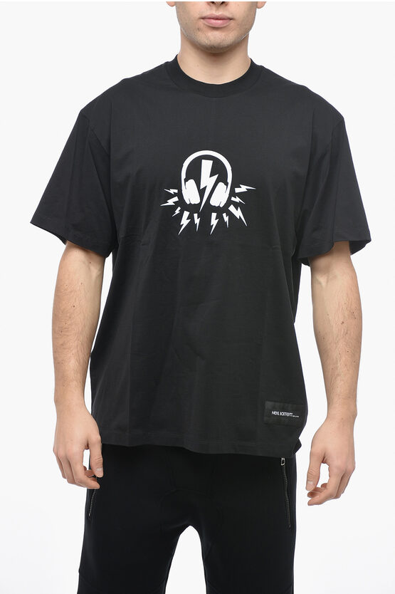 Neil Barrett Crew Neck D.j. Bolt Easy Fit T-shirt With Print In Black