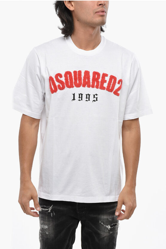 Dsquared2 Crew Neck D2 Sherpa T-shirt With Logo Patch In White