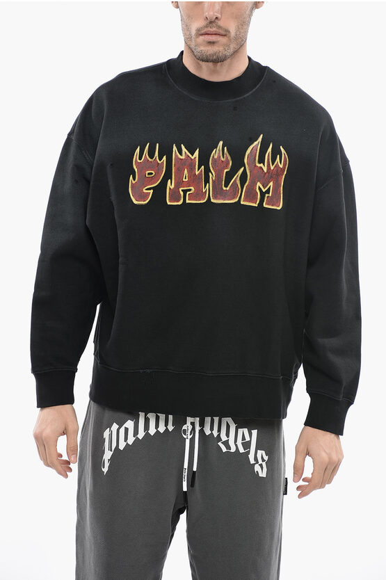 Shop Palm Angels Crew-neck Distressed Sweatshirt Witth Flames Logo