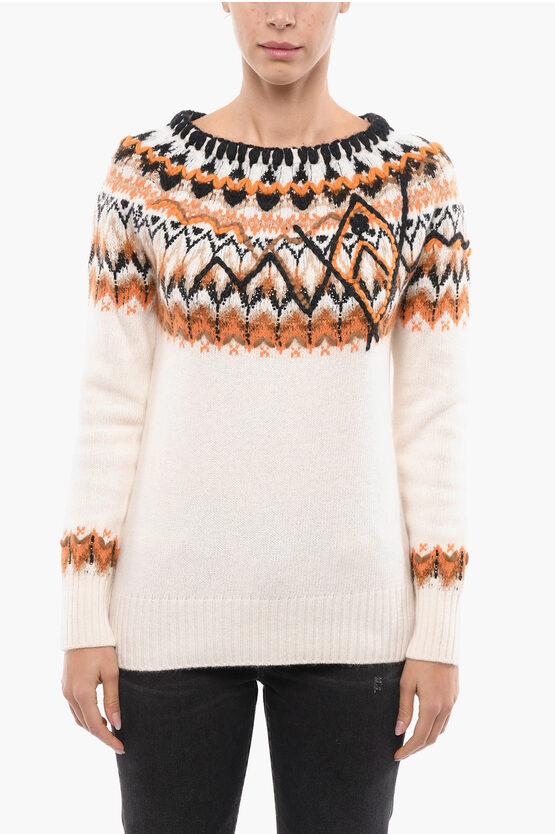 Ermanno Scervino Crew Neck Embroidered Wool Blend Pullover With Crystals In Multi
