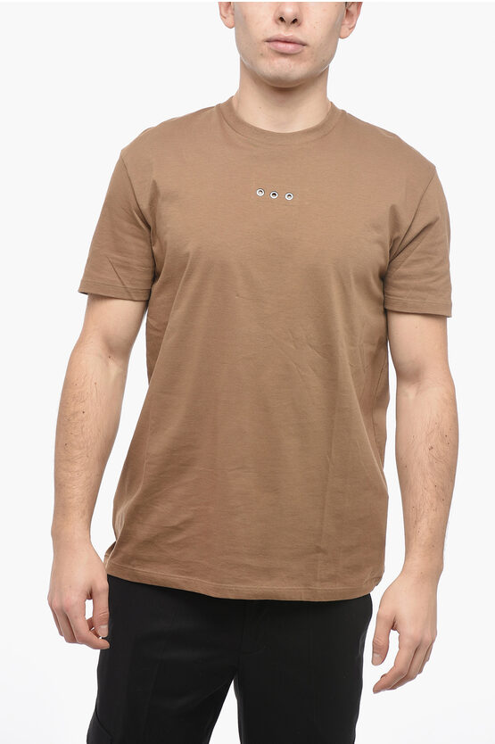 Neil Barrett Crew Neck Eyelet T-shirt With Decorative Detail In Gold