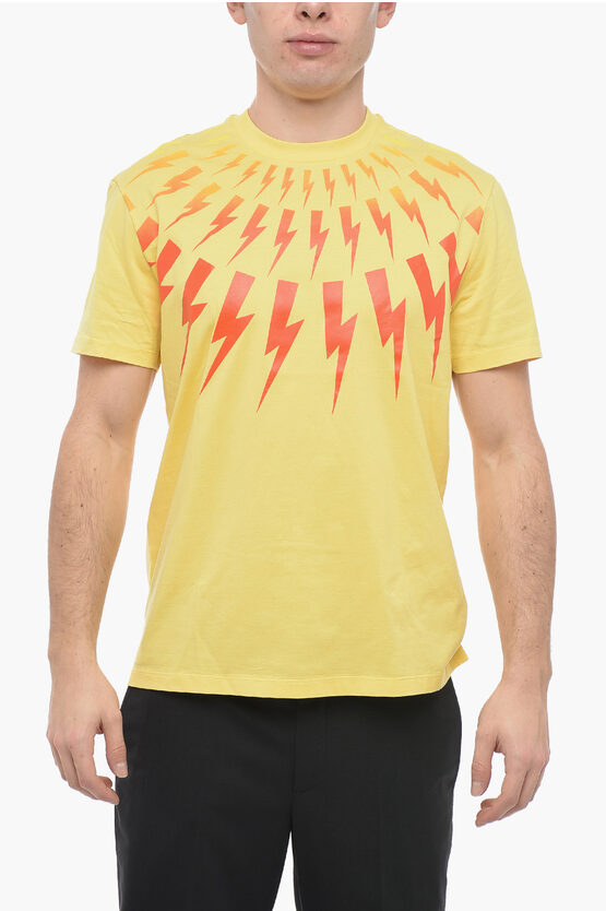 Neil Barrett Crew Neck Fair-isle Thunderbolt T-shirt With Degradè Print In Yellow